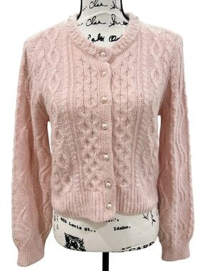 Pearl-Button Cable Knit Cardigan in Blush Pink
